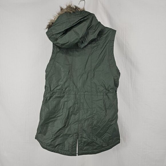 Athleta Green Alpine Air Vest Faux Fur Removable Hood Zip Pockets Size Large - Picture 6 of 9